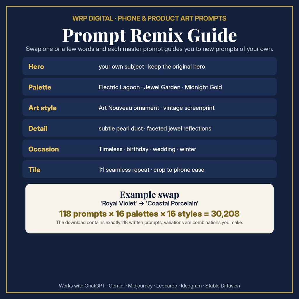 Prompt Remix Guide: swap the hero, palette, art style, detail, occasion or tile; 118 prompts × 16 palettes × 16 styles = 30,208 combinations you create