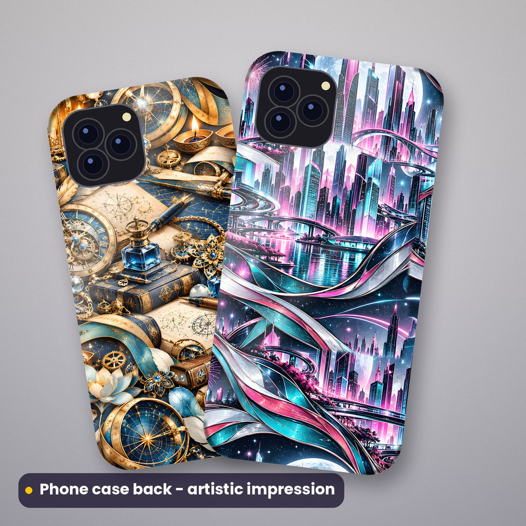 Artistic impression of seamless artwork from the Neon, Tech, Gothic & Music Seamless Phone Case & Product Art pack on a pair of phone case backs