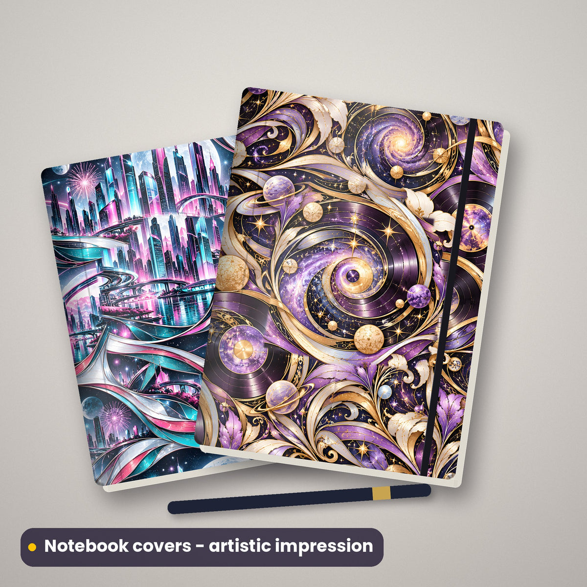 Artistic impression of seamless artwork from the Neon, Tech, Gothic & Music Seamless Phone Case & Product Art pack on two hardback notebooks