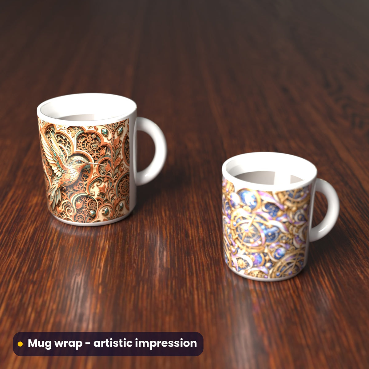 Artistic impression of seamless artwork from the Neon, Tech, Gothic & Music Seamless Phone Case & Product Art pack on two mugs with a full wrap print