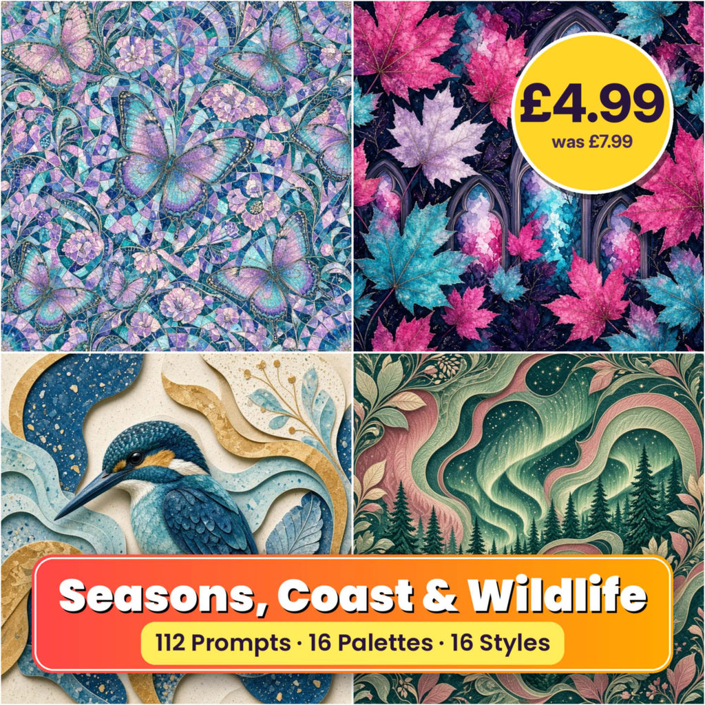 Seasons, Coast & Wildlife Seamless Phone Case & Product Art pack title card: four seamless artworks (artistic impression); 112 Prompts · 16 Palettes · 16 Styles