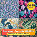 Seasons, Coast & Wildlife Seamless Phone Case & Product Art pack title card: four seamless artworks (artistic impression); 112 Prompts · 16 Palettes · 16 Styles