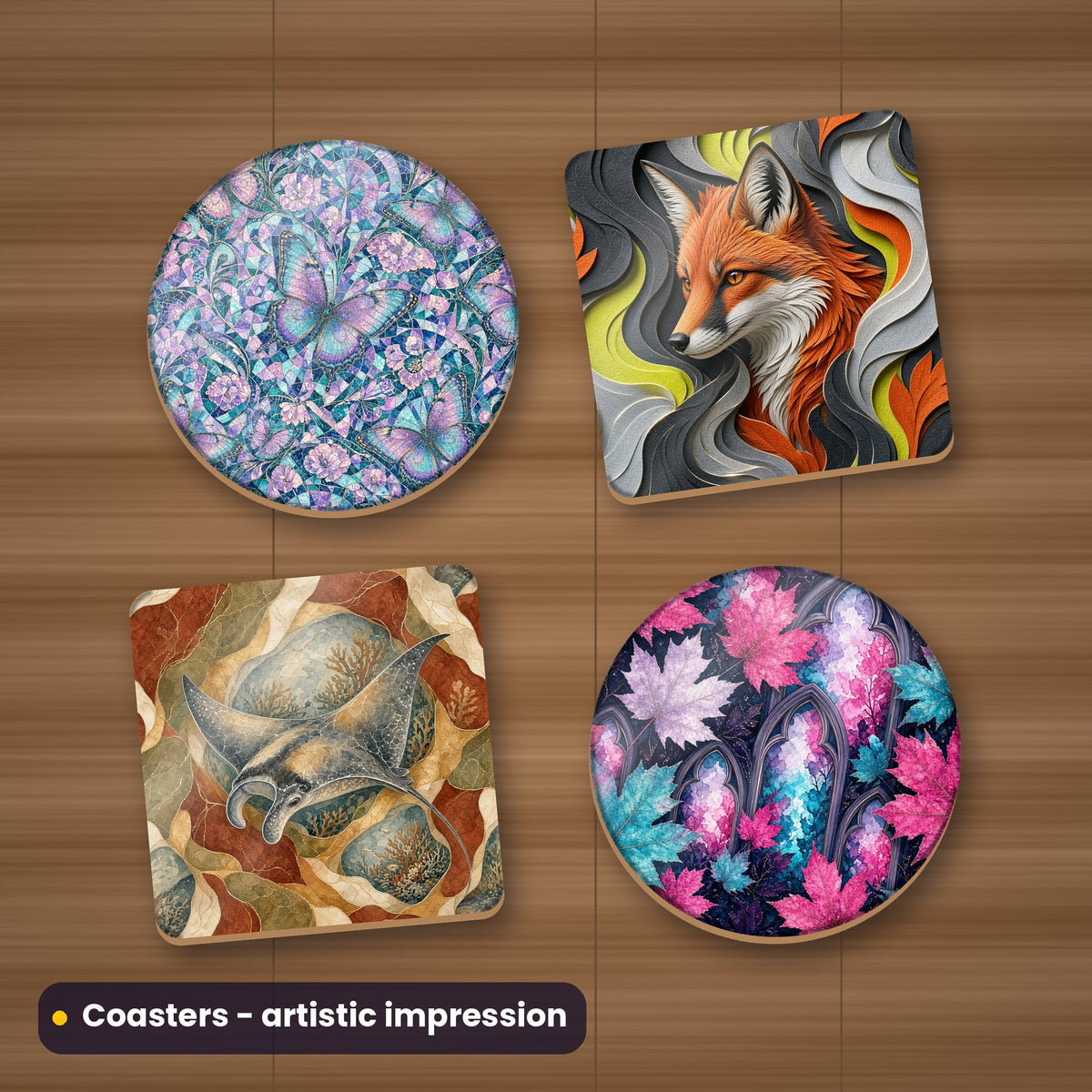 Artistic impression of seamless artwork from the Seasons, Coast & Wildlife Seamless Phone Case & Product Art pack on a set of four coasters