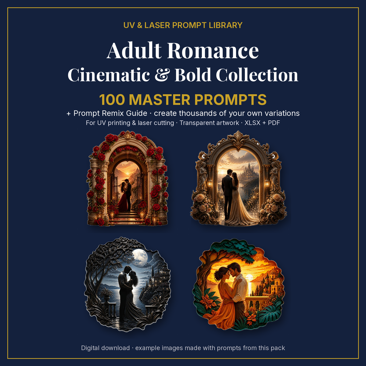 Cover: Adult Romance Cinematic & Bold Collection, 100 master prompts + Prompt Remix Guide