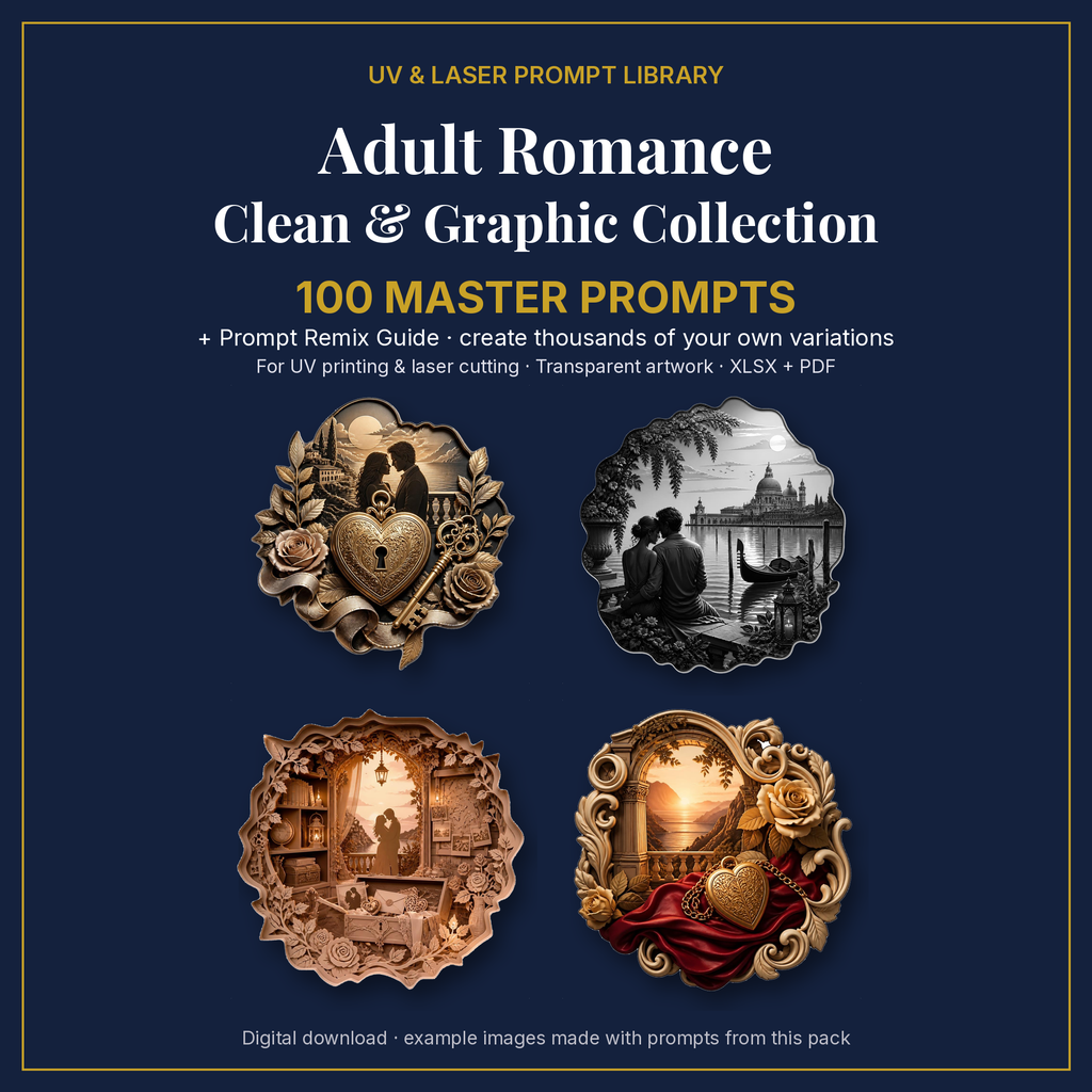 Cover: Adult Romance Clean & Graphic Collection, 100 master prompts + Prompt Remix Guide