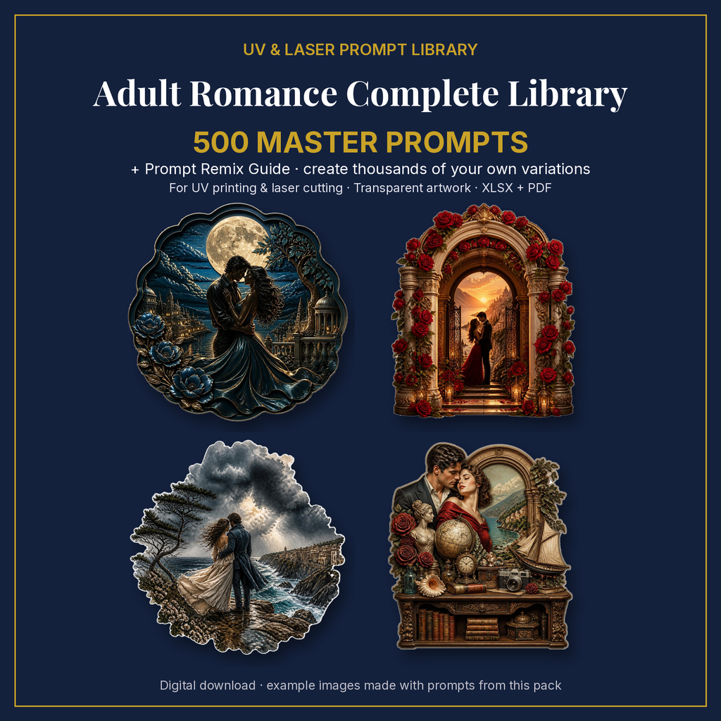 Cover: Adult Romance Complete Library, 500 master prompts + Prompt Remix Guide
