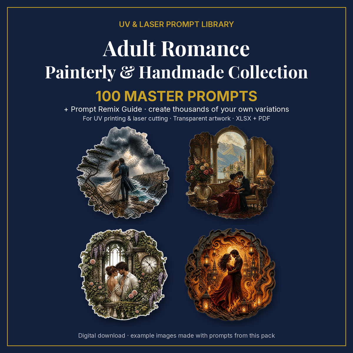 Cover: Adult Romance Painterly & Handmade Collection, 100 master prompts + Prompt Remix Guide