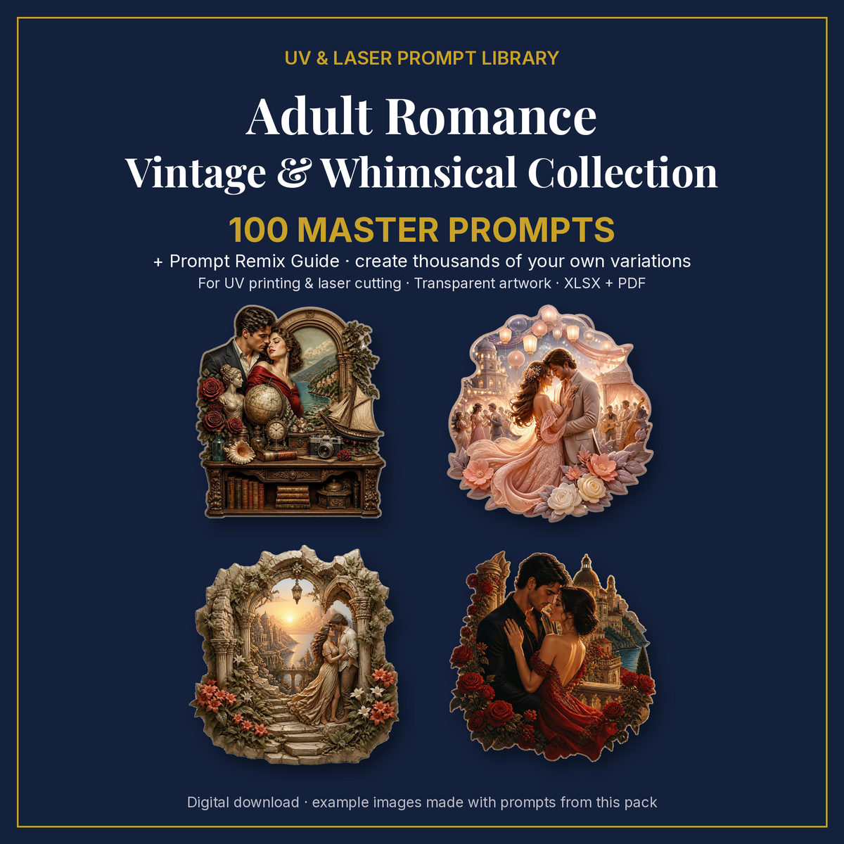 Cover: Adult Romance Vintage & Whimsical Collection, 100 master prompts + Prompt Remix Guide