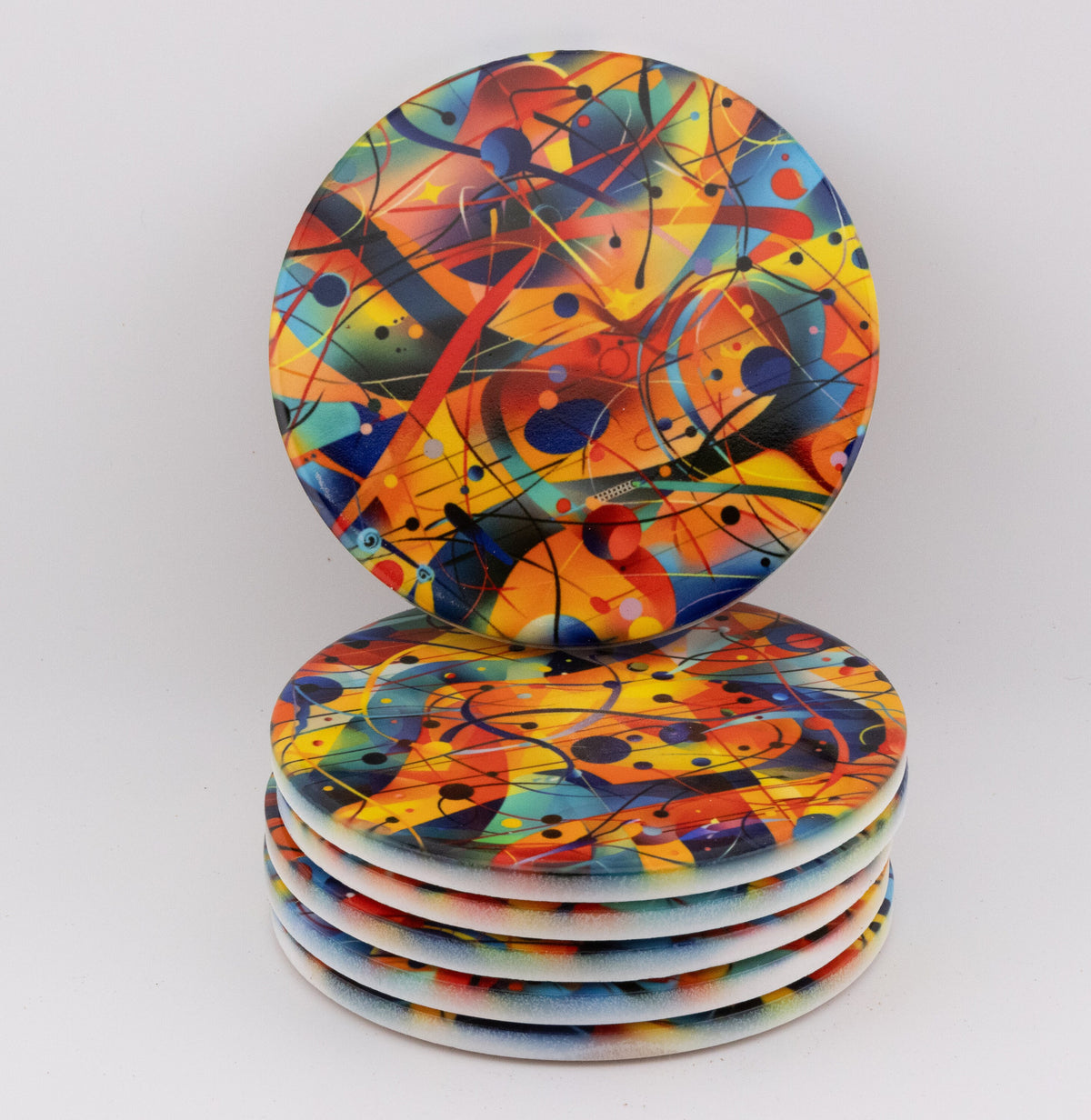 AI24035C Chaotic Watercolour Abstract Effect Round Ceramic Coasters- Set of 6, colourful, gift for all occasions, six unique designs.