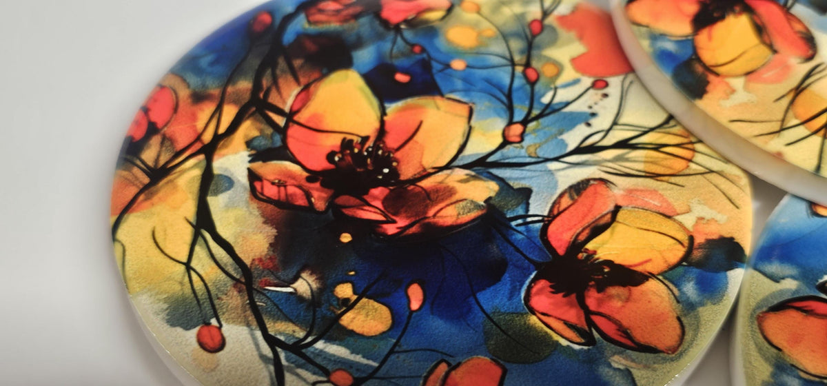 AI24053C Watercolour WildFlower Meadow -  Round Ceramic Coasters- Set of 6, gift for all occasions, Designed and made in Britain