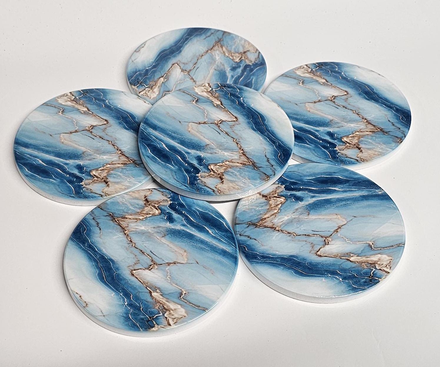 AI24061C Cyan, Blue & Gold Marble effect -  Round Ceramic Coasters- Set of 6, gift for all occasions, Designed and made in Britain