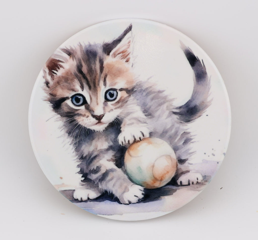 Cuddly kitten Printed Watercolour effect Round Ceramic Coasters-  Set of 6, colourful, gift for all occasions, six unique designs.