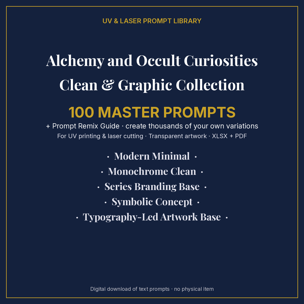 Cover: Alchemy and Occult Curiosities Clean & Graphic Collection, 100 master prompts + Prompt Remix Guide