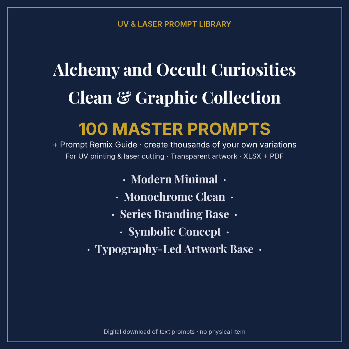 Cover: Alchemy and Occult Curiosities Clean & Graphic Collection, 100 master prompts + Prompt Remix Guide