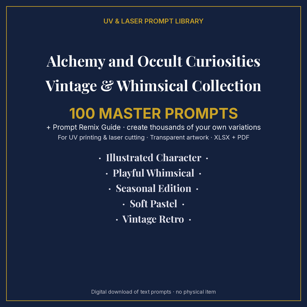 Cover: Alchemy and Occult Curiosities Vintage & Whimsical Collection, 100 master prompts + Prompt Remix Guide