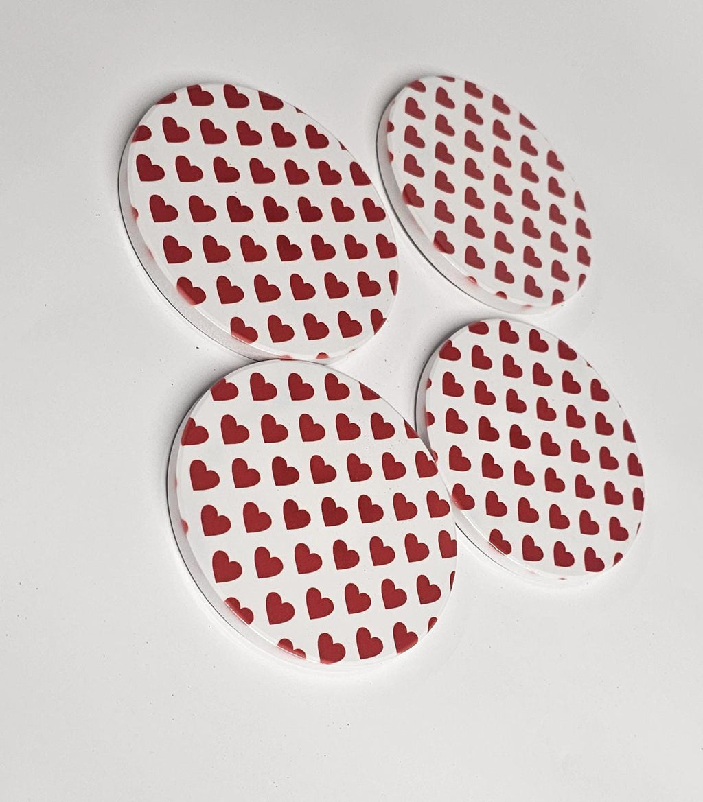 AI24068RWC Where the Heart is , White on Red / Red on White - Round Ceramic Coasters- Set of 6, gift for all , Designed made in Britain