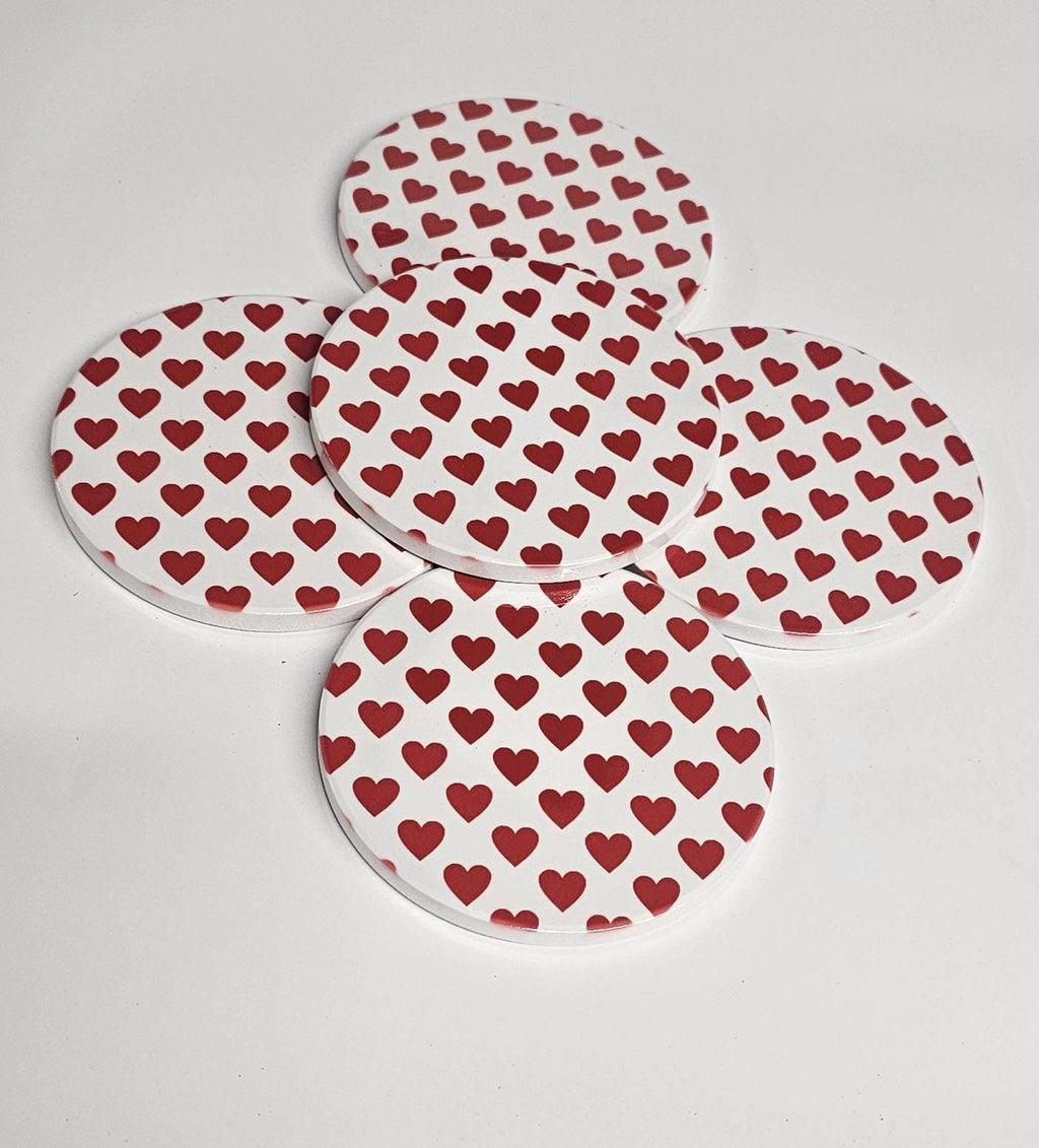 AI24068RWC Where the Heart is , White on Red / Red on White - Round Ceramic Coasters- Set of 6, gift for all , Designed made in Britain