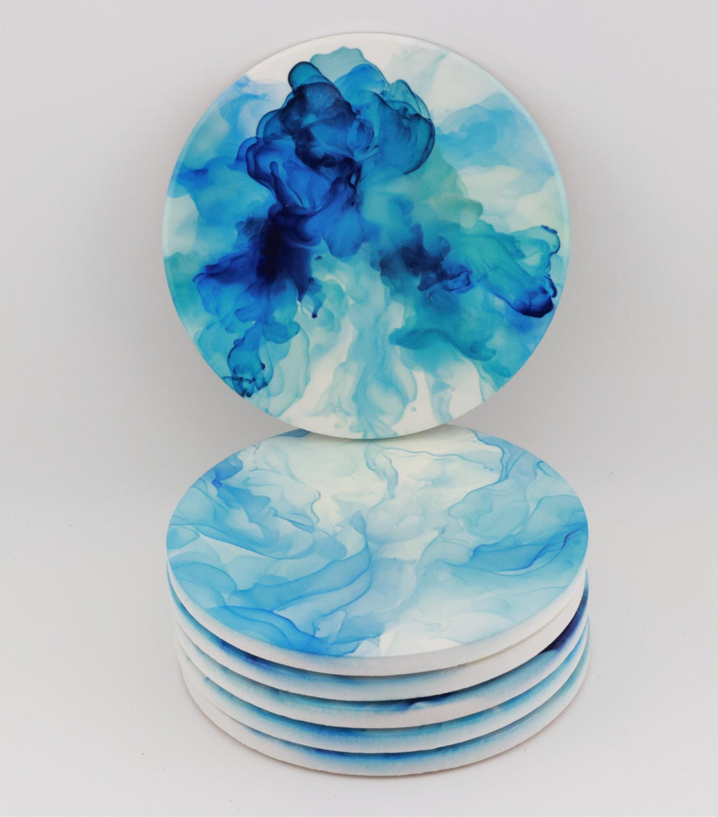 AI24009C Blue swirls Marble Effect Round Ceramic Coasters-Set of 6, colourful, gift for all occasions, six unique designs.