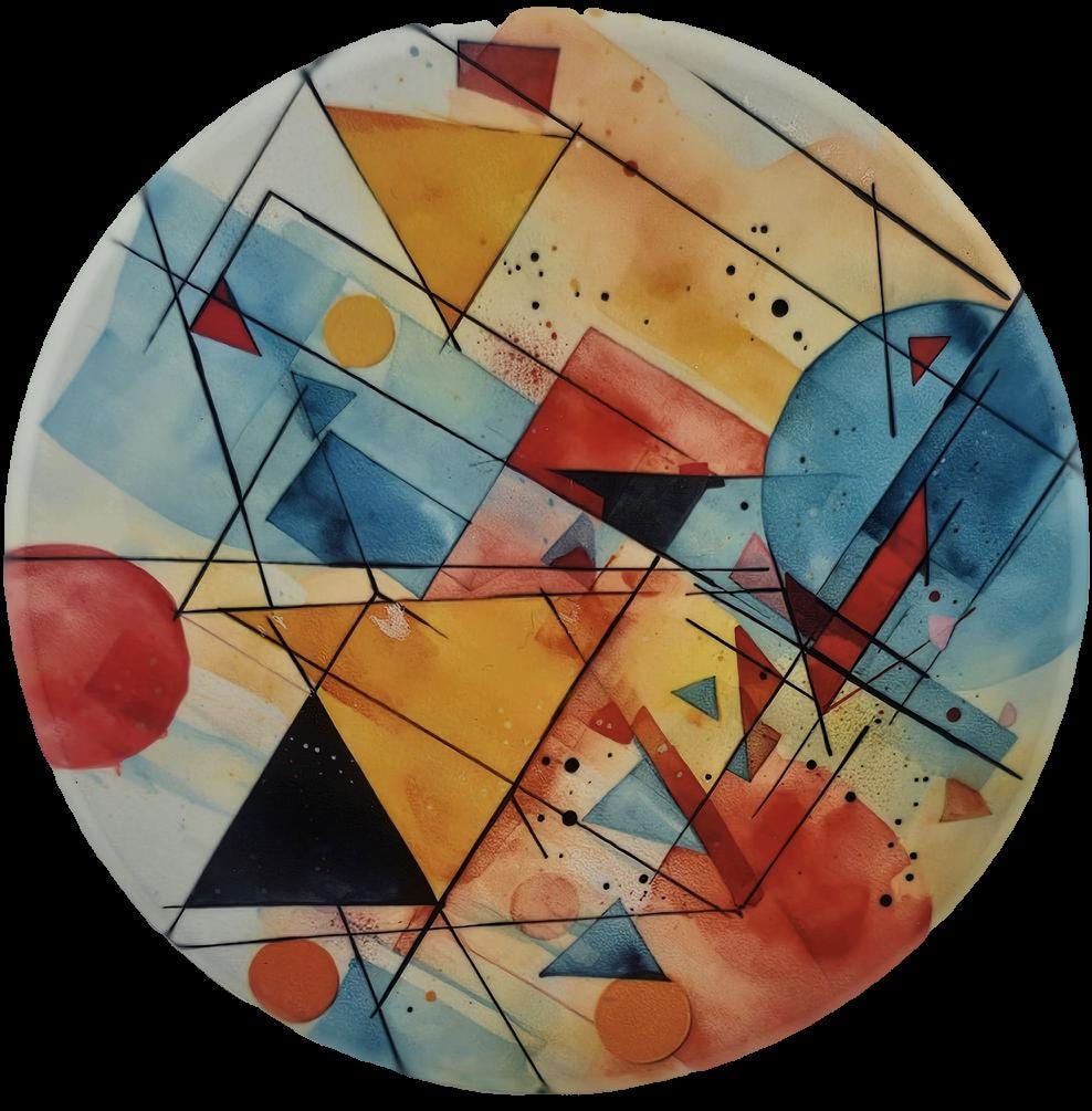 A striking ceramic coaster a colourful abstract geometric design with circles, triangles, squares, adds a bold creative touch to any table.