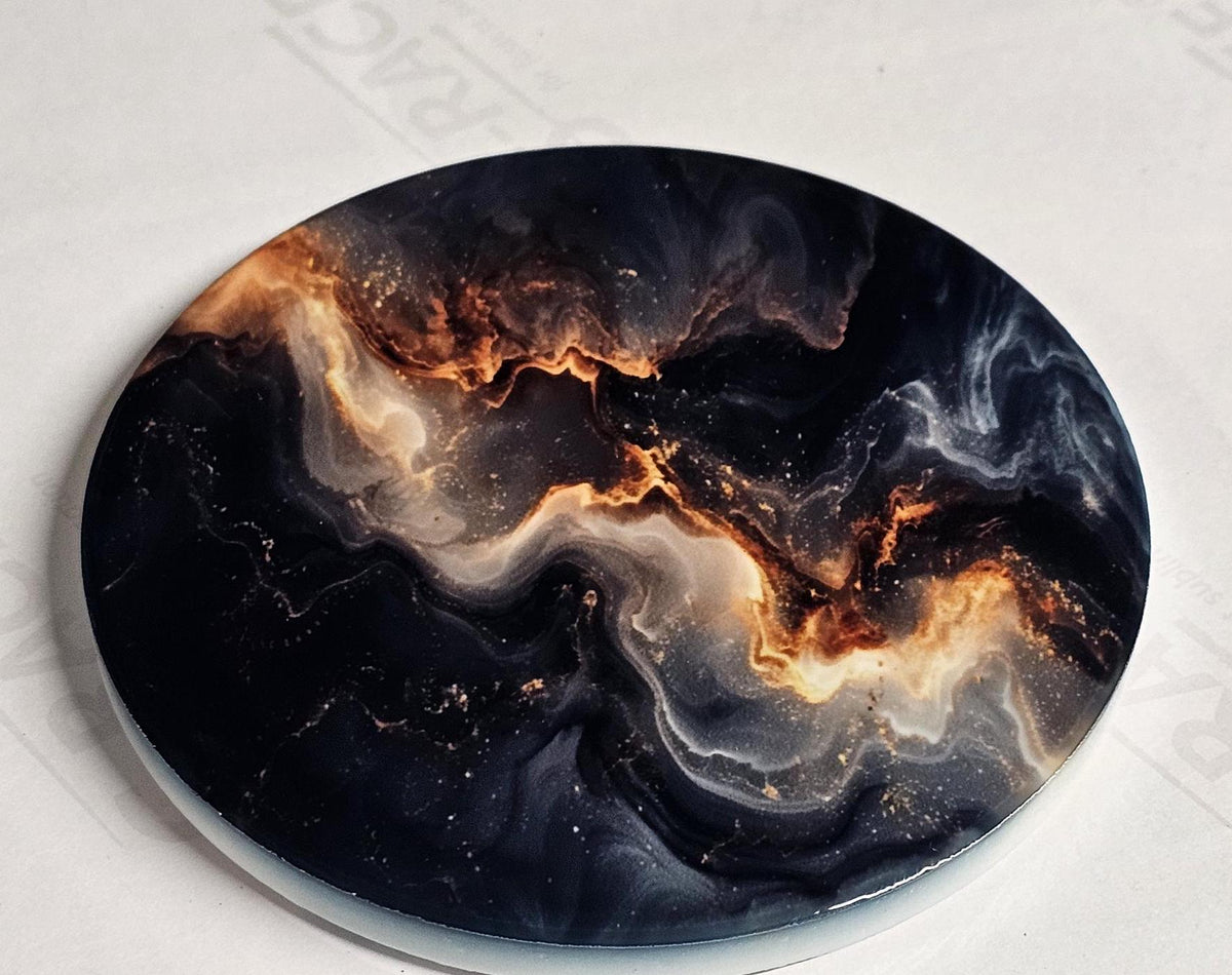 AI24062C Abstract Black & Gold Lave Marble Design -  Round Ceramic Coasters- Set of 6, gift for all occasions, Designed and made in Britain