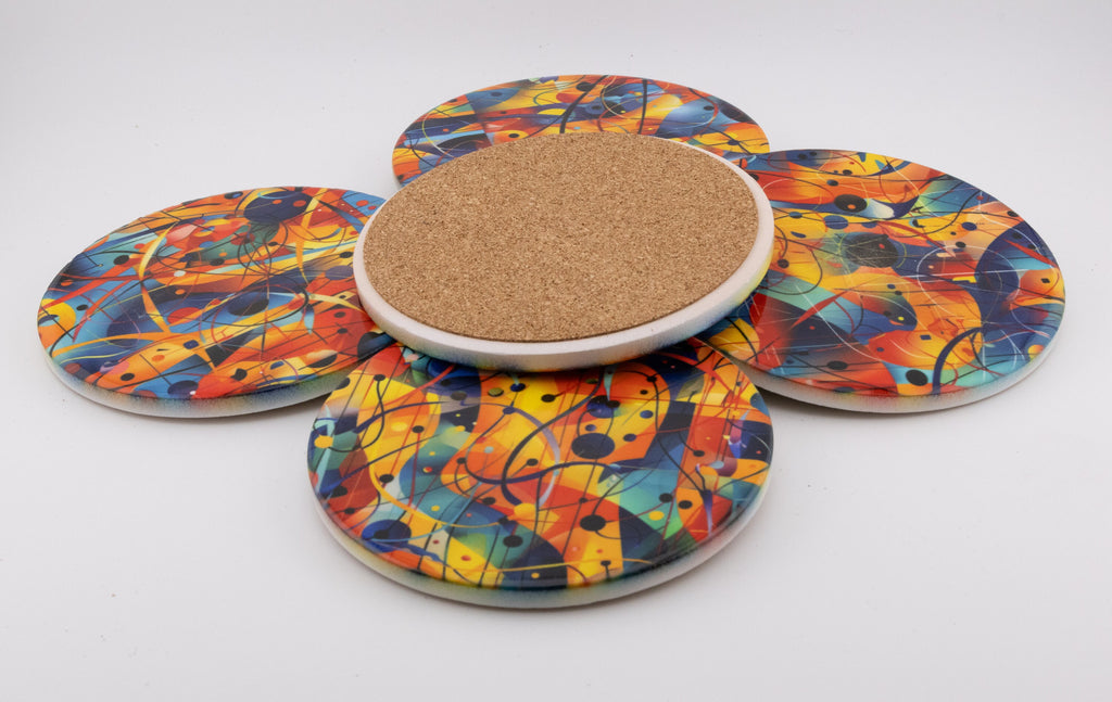 AI24035C Chaotic Watercolour Abstract Effect Round Ceramic Coasters- Set of 6, colourful, gift for all occasions, six unique designs.