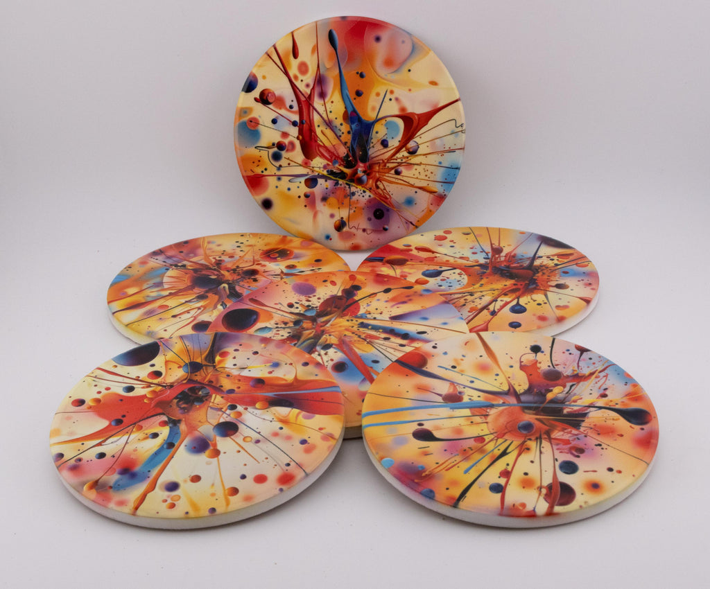 AI24016C Acrylic Oil Splash No5 - Multi coloured Round Ceramic Coasters- Set of 6, gift for all occasions, Designed and made in Britain