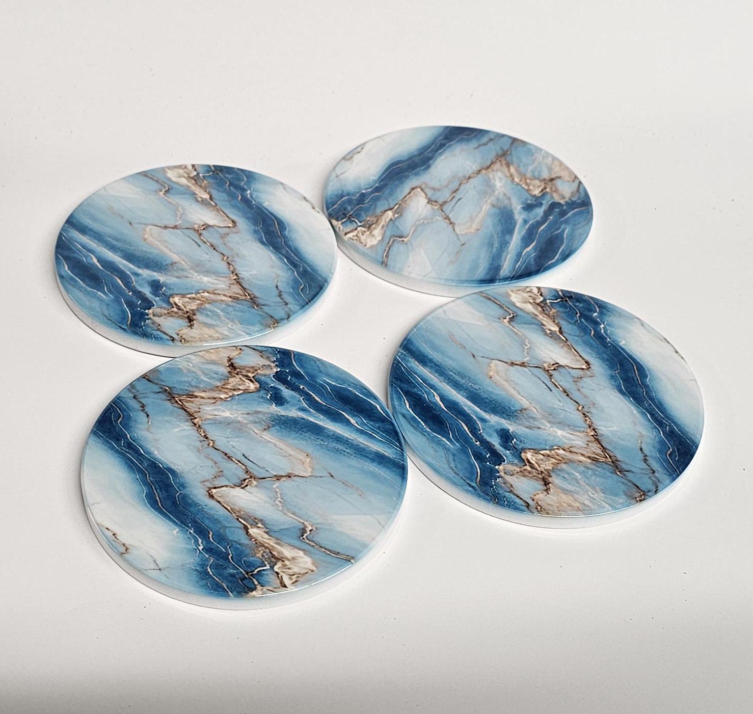 AI24061C Cyan, Blue & Gold Marble effect -  Round Ceramic Coasters- Set of 6, gift for all occasions, Designed and made in Britain