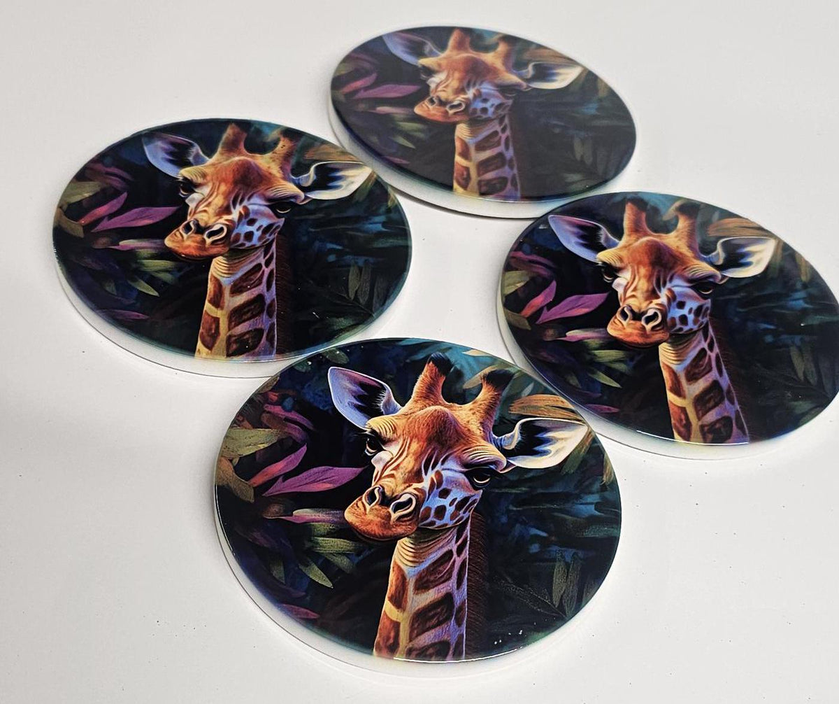 AI24065C Contemporary Design, Jungle Giraffe -  Round Ceramic Coasters- Set of 6, gift for all occasions, Designed and made in Britain