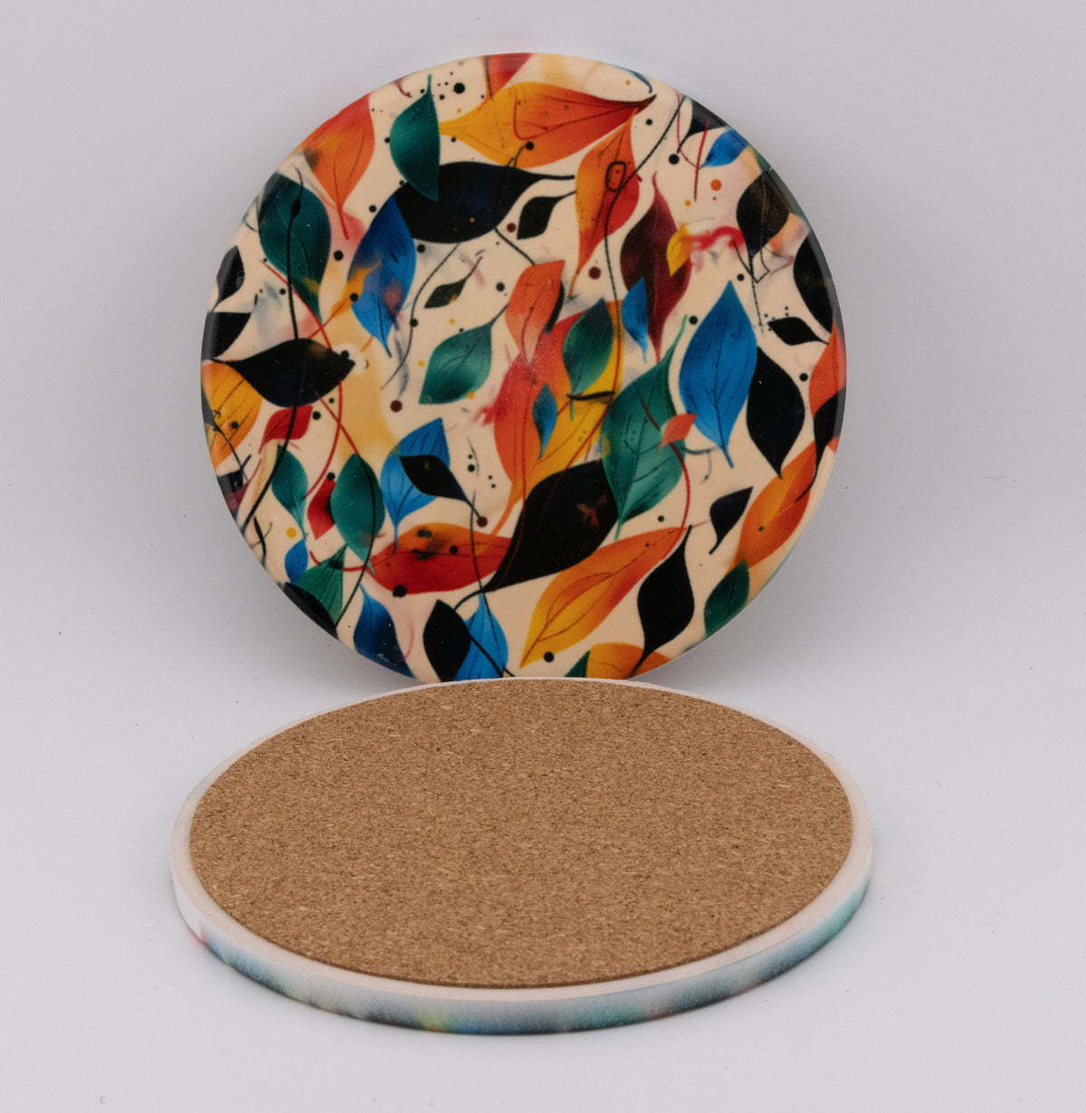 AI24025C Autumn Leaves Round Glass Coaster, Colorful Botanical Coaster, Modern Foliage Print Home Decor, Fall Leaf Pattern Drink Coaster