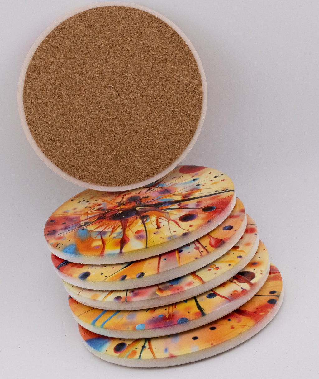 AI24016C Acrylic Oil Splash No5 - Multi coloured Round Ceramic Coasters- Set of 6, gift for all occasions, Designed and made in Britain
