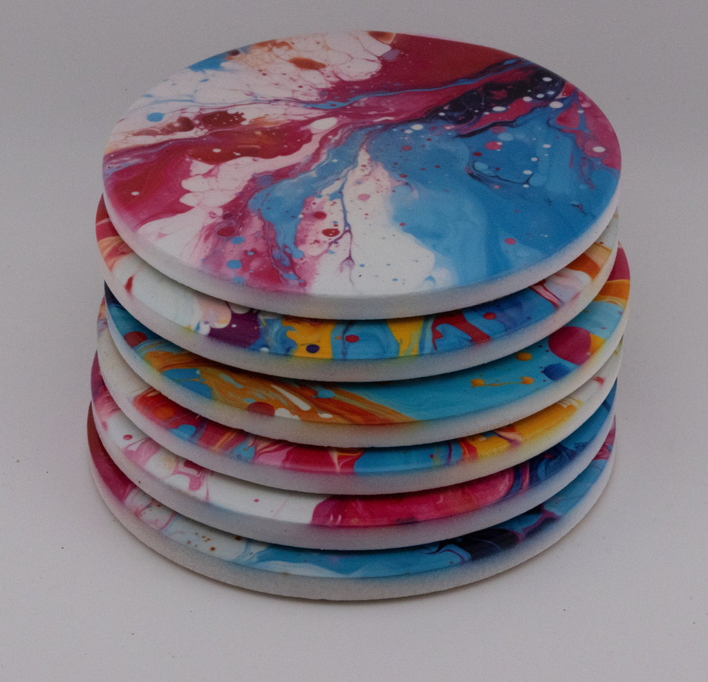 AI24030C Acrylic Oil Splash art Effect Round Ceramic Coasters-Set of 6, colourful, gift for all occasions, six unique designs.