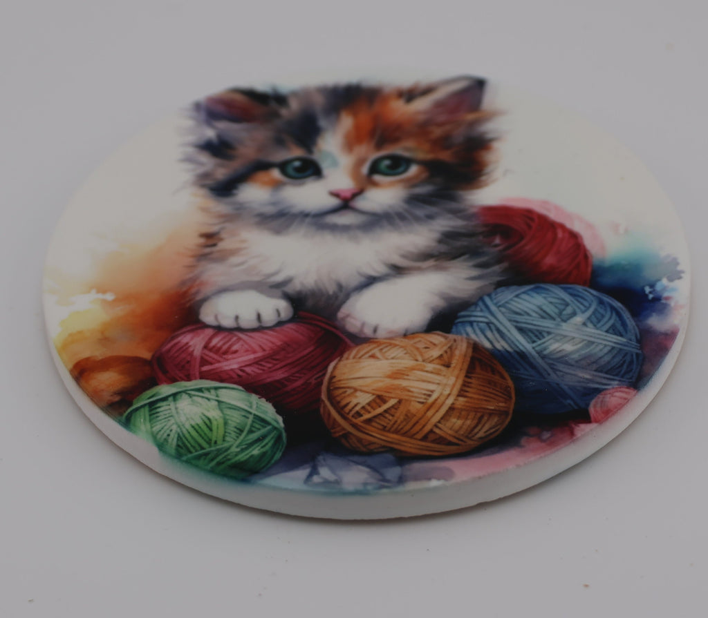 Cuddly kitten Printed Watercolour effect Round Ceramic Coasters-  Set of 6, colourful, gift for all occasions, six unique designs.