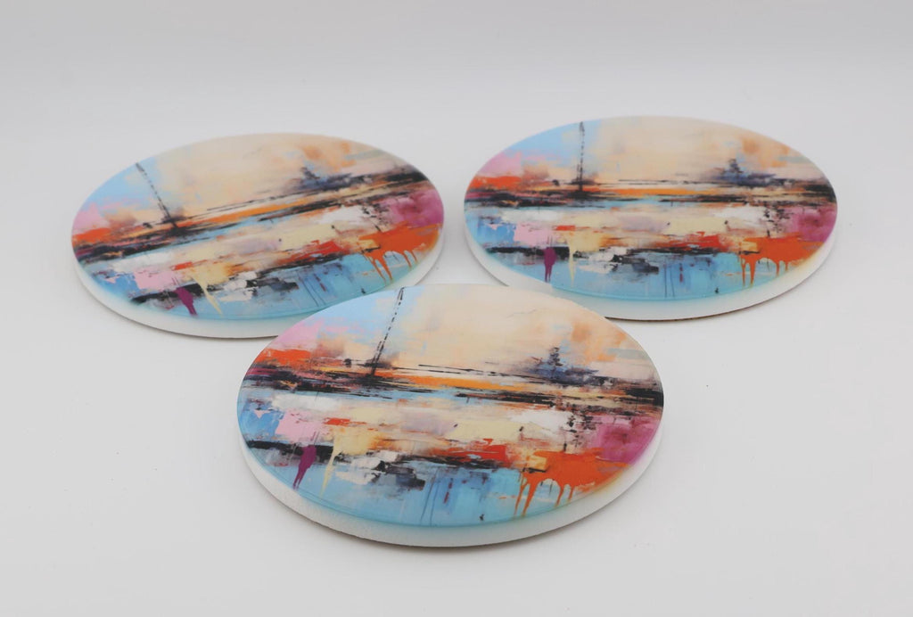 AI24080C Abstract Minimalist Watercolour Seascape - Multi coloured Round Ceramic Coasters- Set of 6, gift for all occasions, Made in Britain