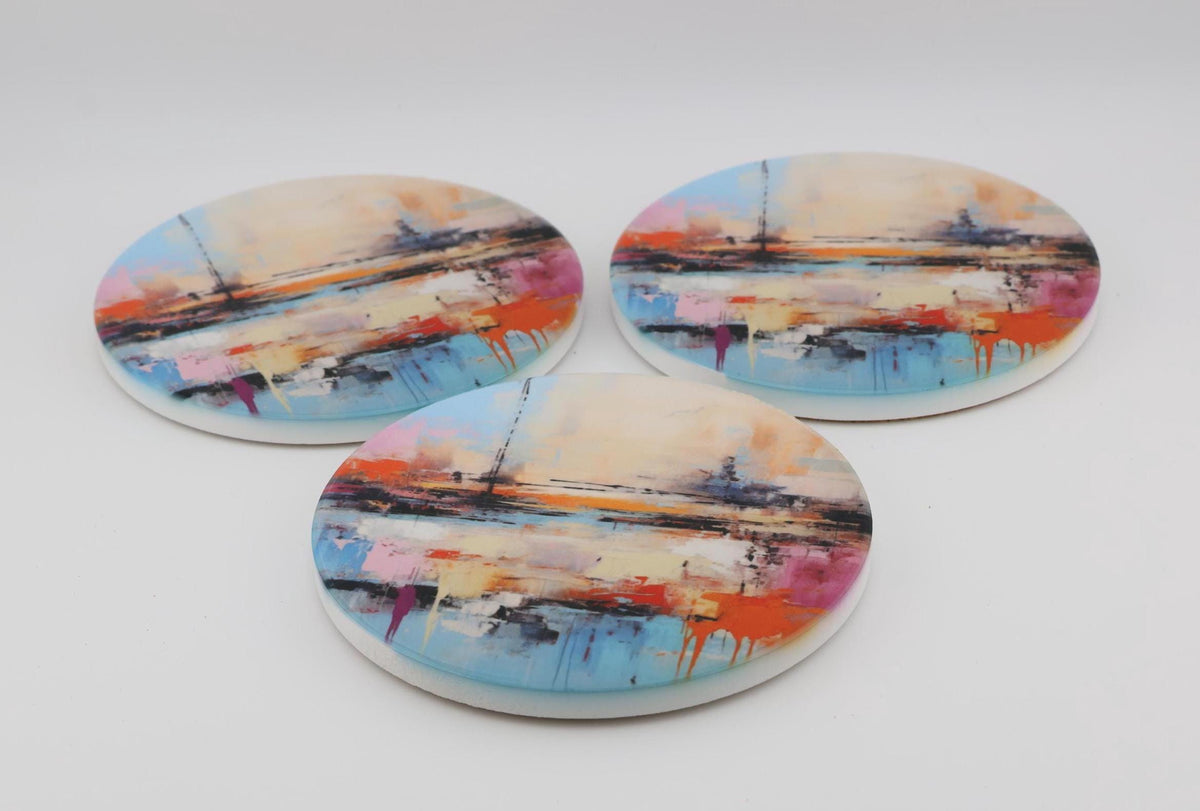 AI24080C Abstract Minimalist Watercolour Seascape - Multi coloured Round Ceramic Coasters- Set of 6, gift for all occasions, Made in Britain