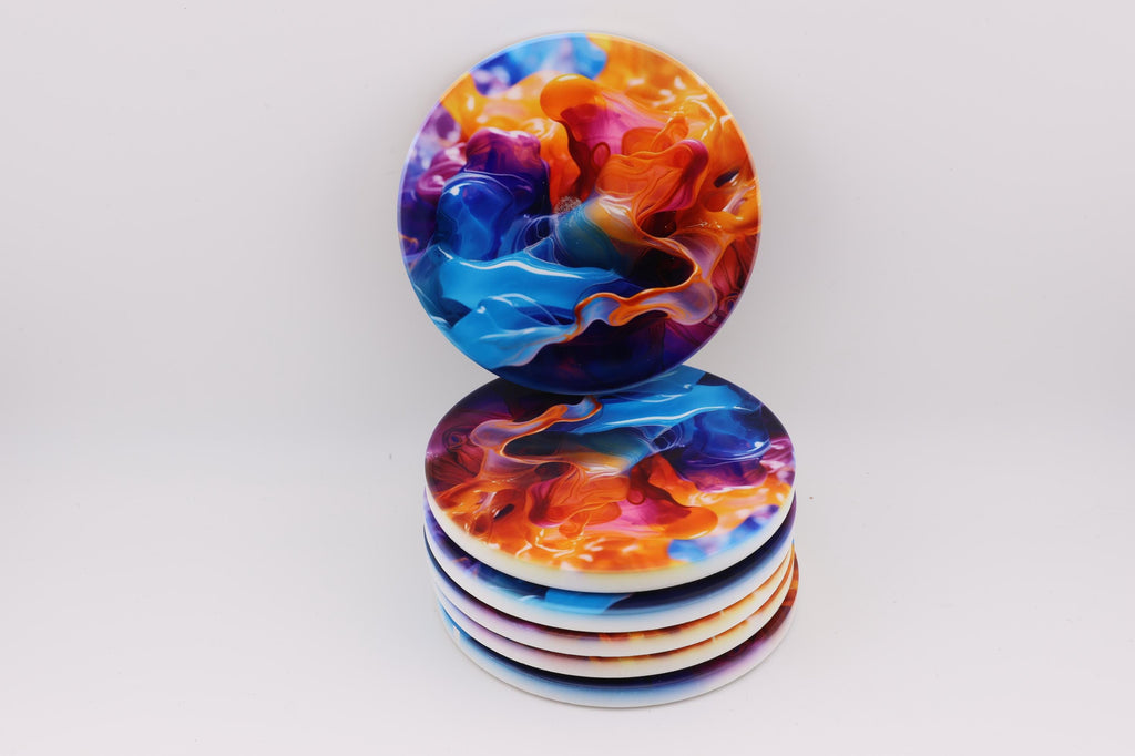 AI24037 Liquid Splash - Multi coloured Round Ceramic Coasters- Set of 6, gift for all occasions, Designed and made in Britain