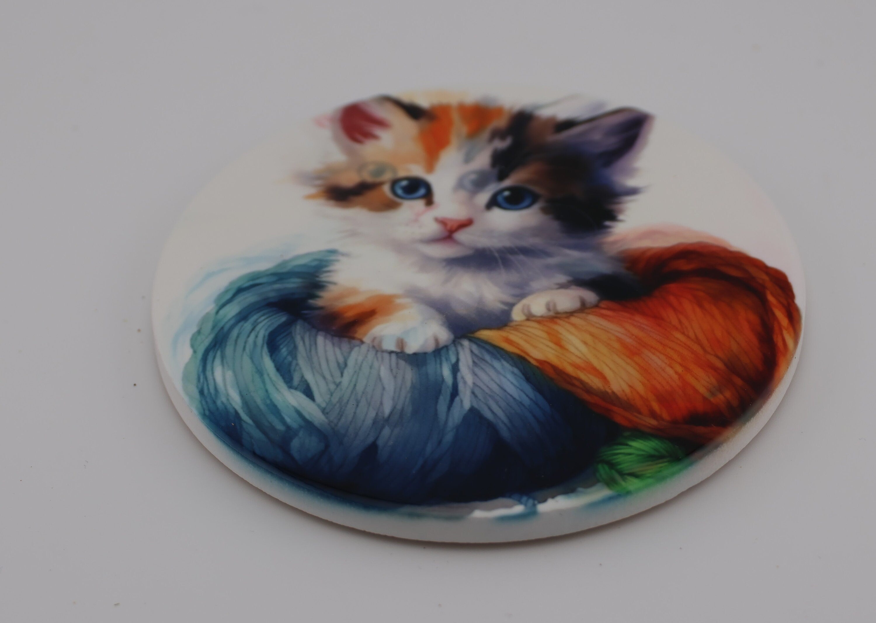 Cuddly kitten Printed Watercolour effect Round Ceramic Coasters-  Set of 6, colourful, gift for all occasions, six unique designs.
