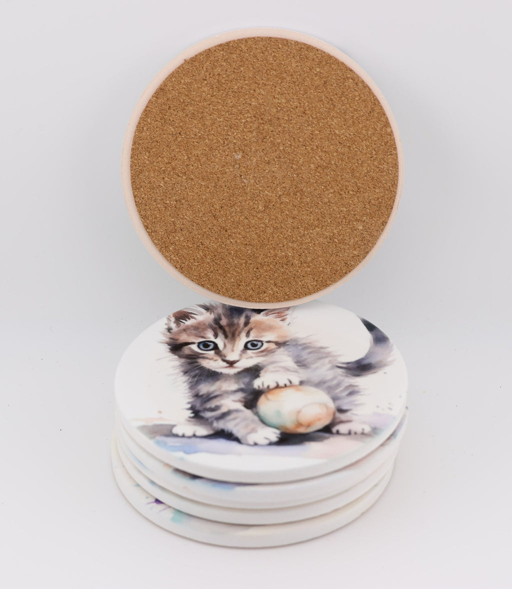 Cuddly kitten Printed Watercolour effect Round Ceramic Coasters-  Set of 6, colourful, gift for all occasions, six unique designs.