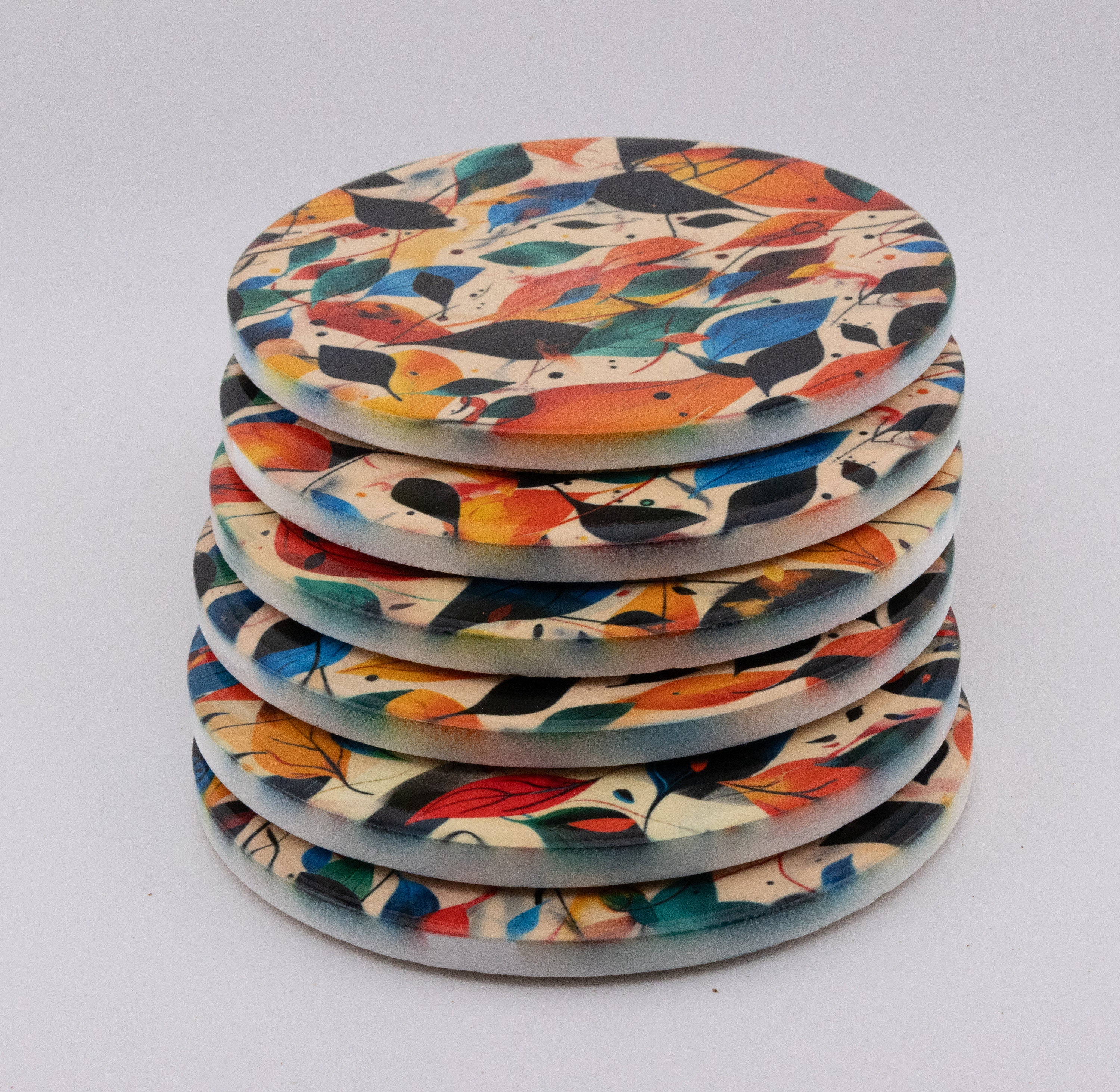 AI24025C Autumn Leaves Round Glass Coaster, Colorful Botanical Coaster, Modern Foliage Print Home Decor, Fall Leaf Pattern Drink Coaster
