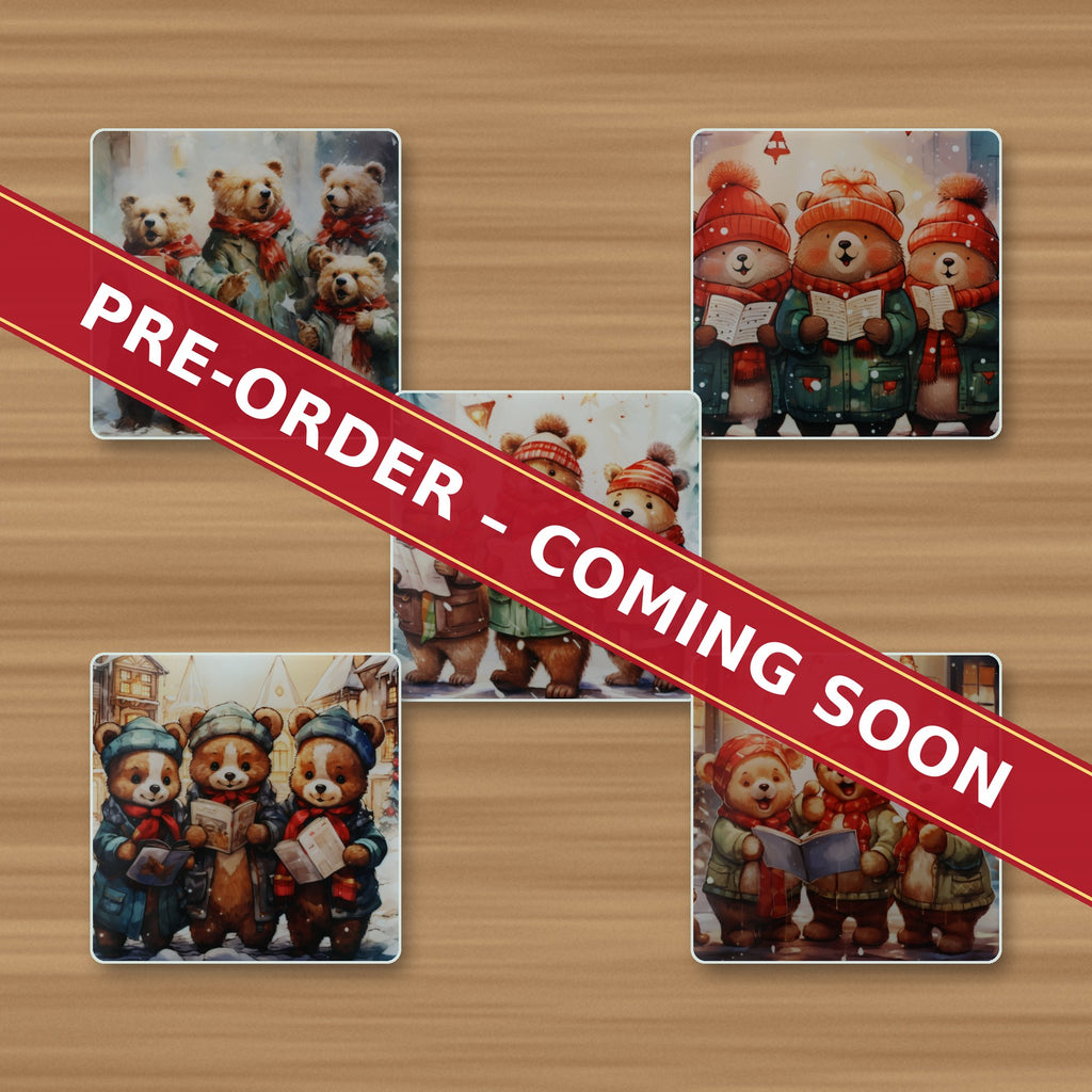 Christmas Carolling Bears square glass coaster set, pre-order coming soon