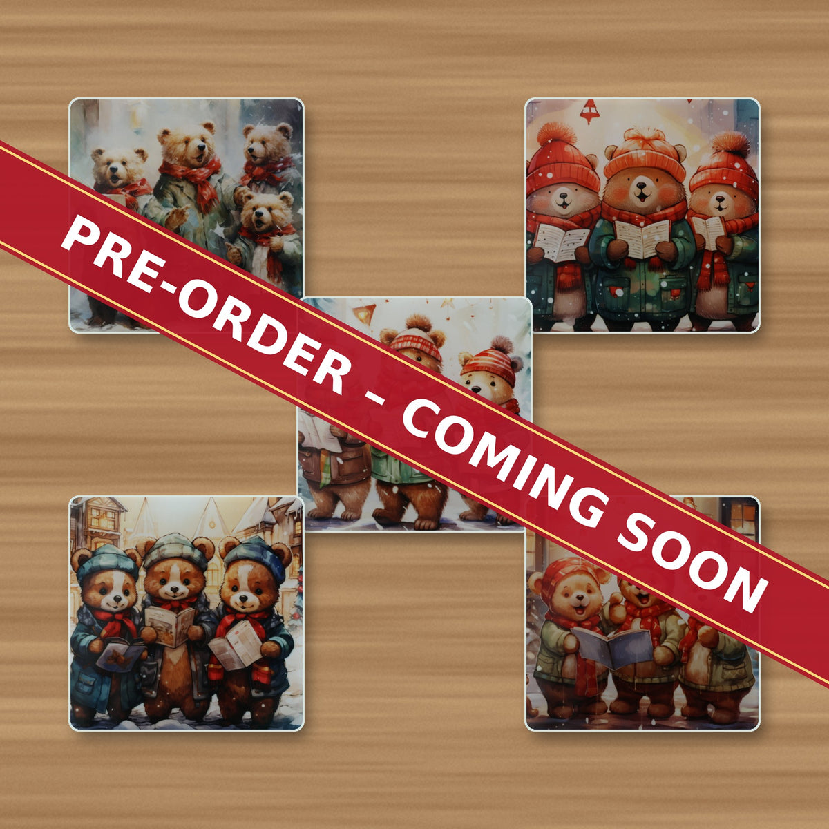 Christmas Carolling Bears square glass coaster set, pre-order coming soon