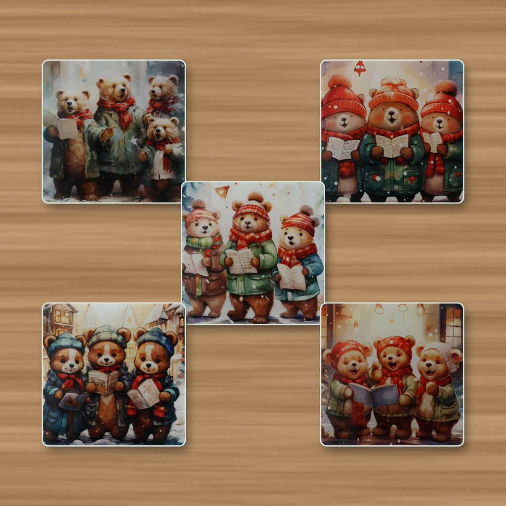 Christmas Carolling Bears square glass coasters, glossy finish, on an oak table