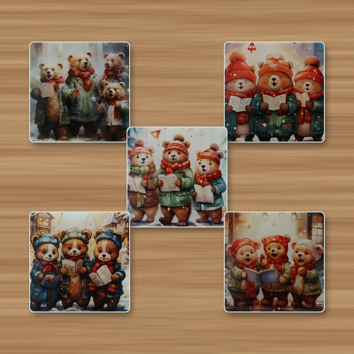 Christmas Carolling Bears square glass coasters, glossy finish, on an oak table