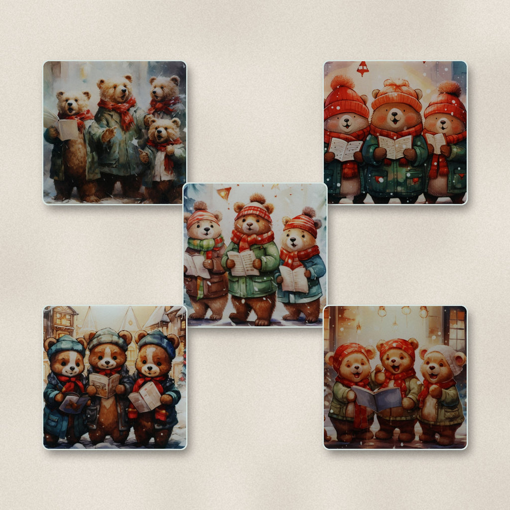 Christmas Carolling Bears square glass coasters, matte finish, on linen