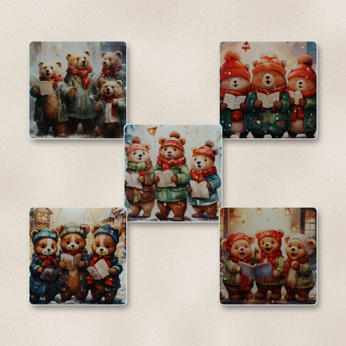 Christmas Carolling Bears square glass coasters, matte finish, on linen