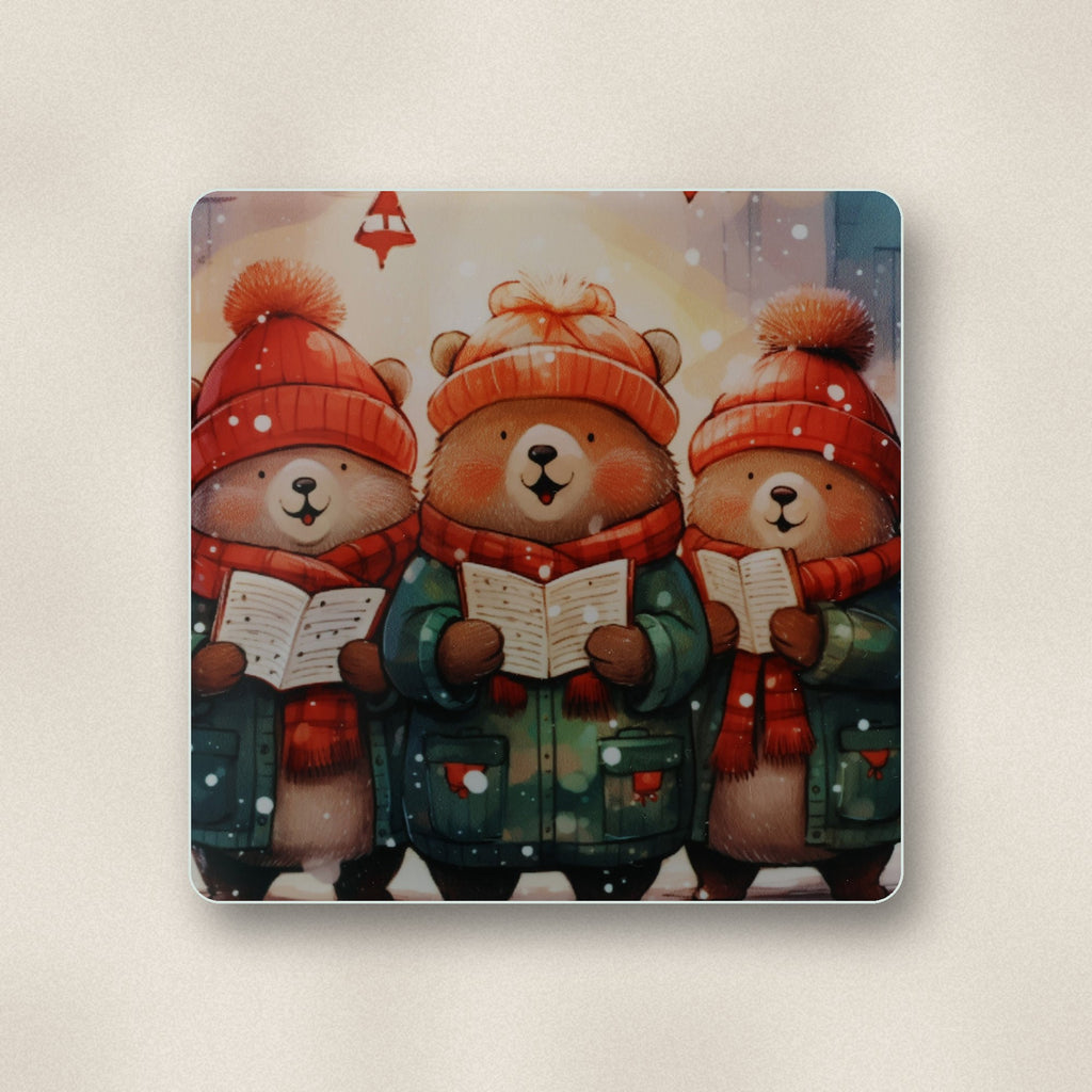 Close-up of one carolling bears glass coaster, glossy finish, flat print