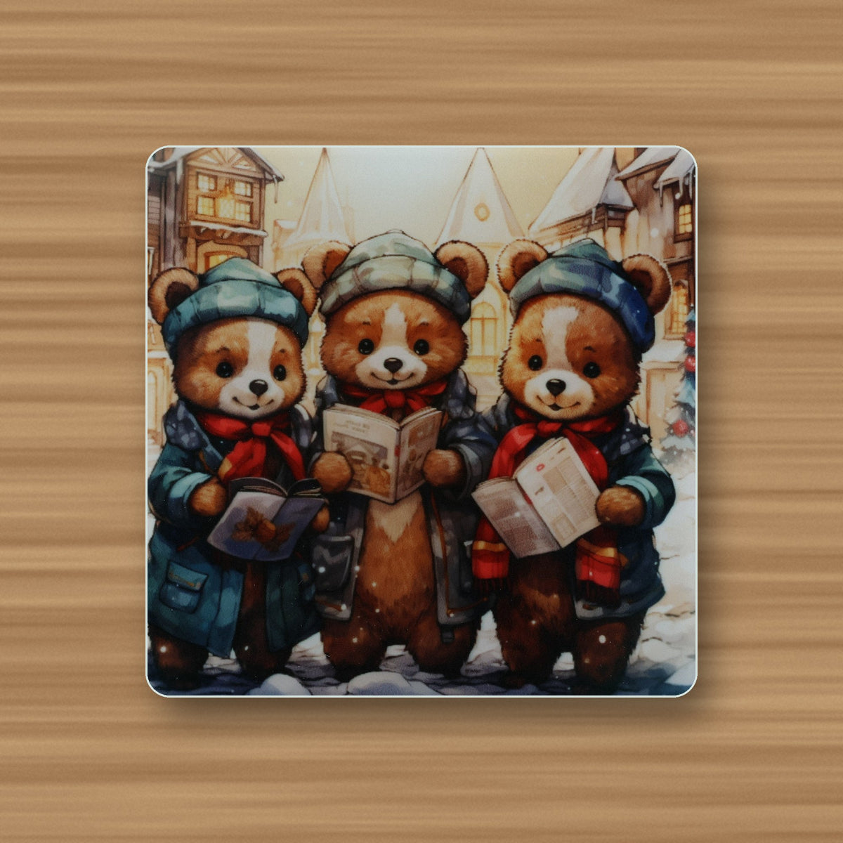 Close-up of one carolling bears glass coaster, matte finish, flat print