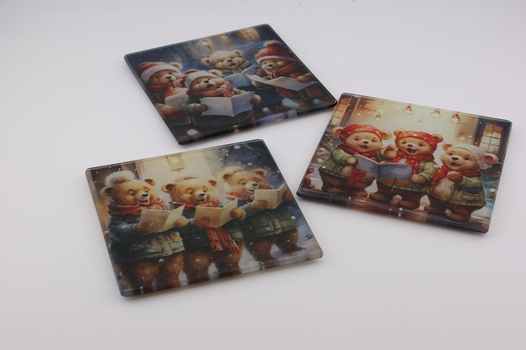 Christmas Carolling Bears glass coasters, photo of a finished set