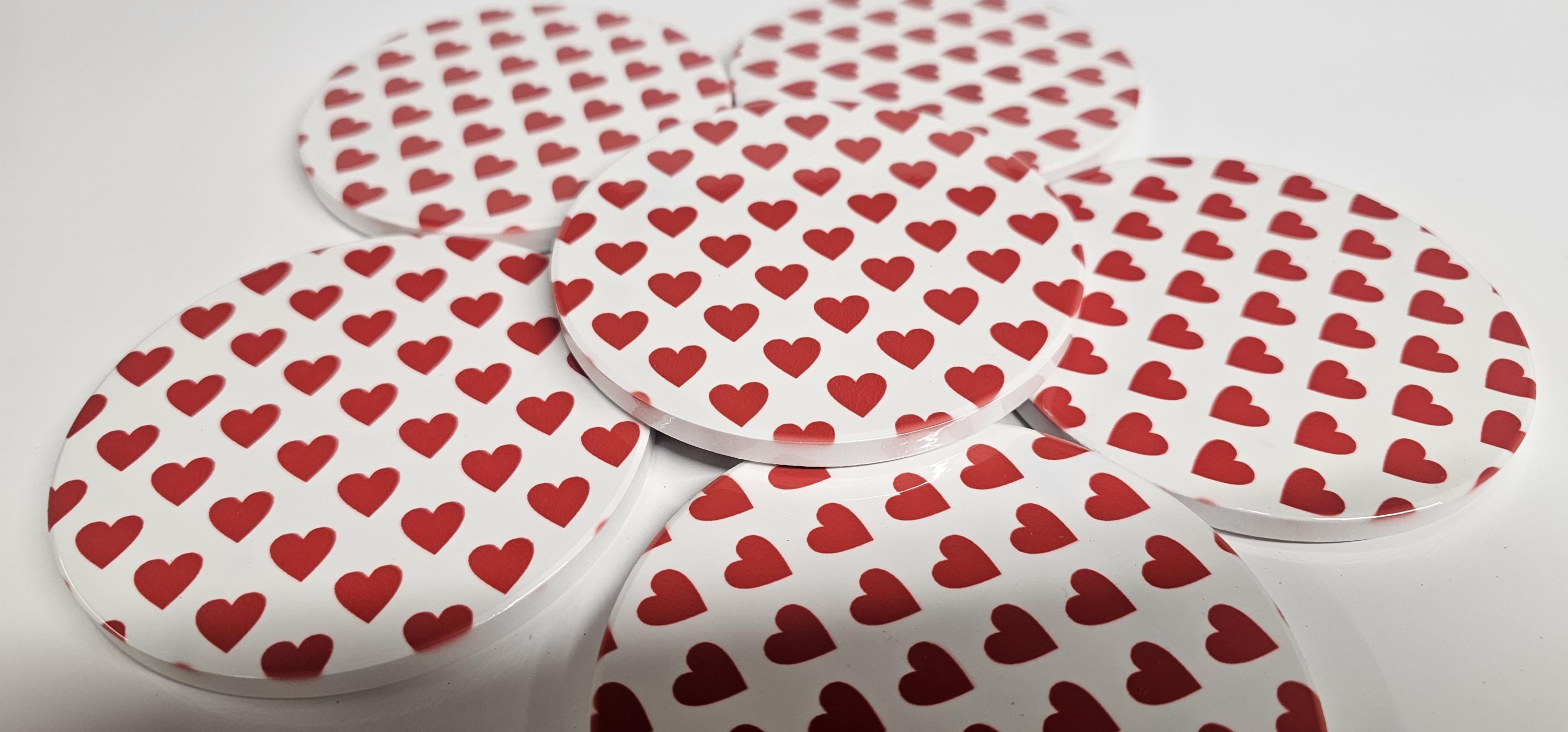 AI24068RWC Where the Heart is , White on Red / Red on White - Round Ceramic Coasters- Set of 6, gift for all , Designed made in Britain