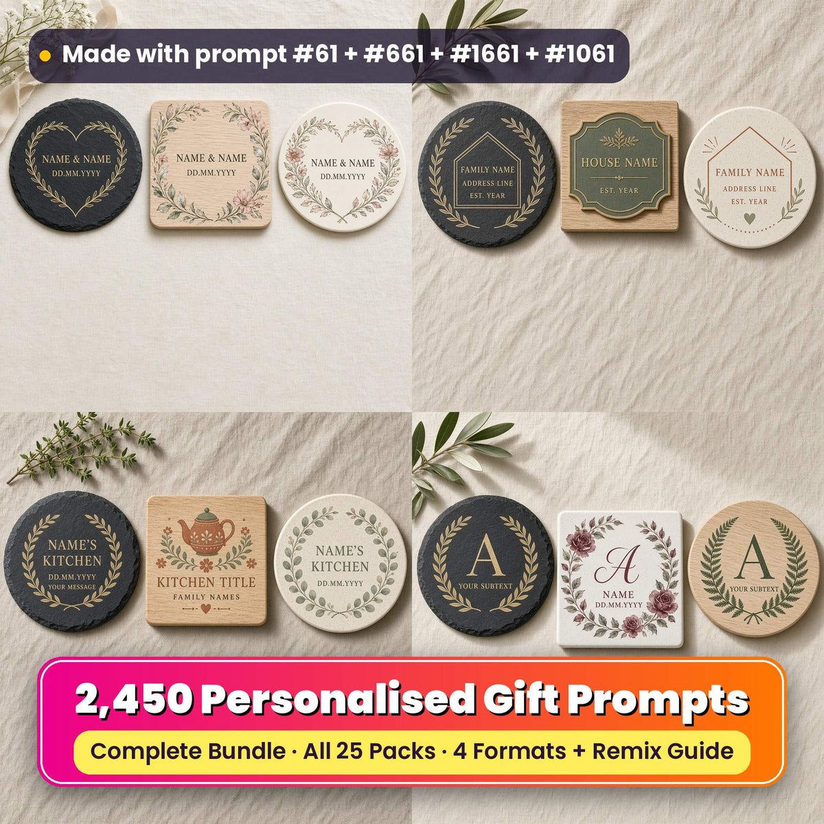 Complete Make It Yours Bundle title card: a 2x2 collage of personalised coasters made with prompts from four packs, with placeholder names and dates: wedding coasters on ivory linen (prompt #61 + #57 + #22); new home coasters (prompt #661 + #80 + #13); kitchen coasters (prompt #1661 + #63 + #17); monogram coasters (prompt #1061 + #57 + #10)