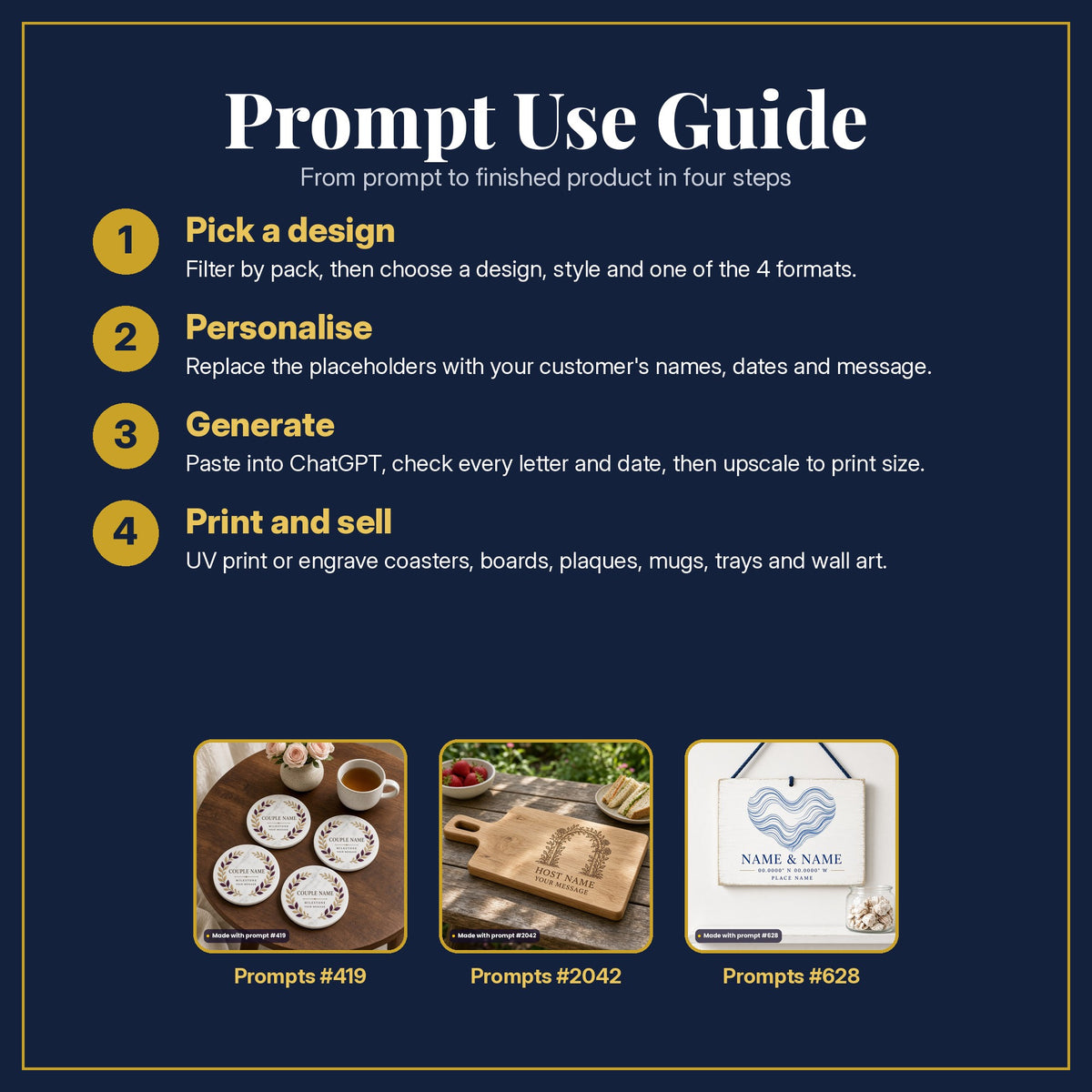 Prompt Use Guide in four steps, with example products made with prompt #419, prompt #2042, prompt #628